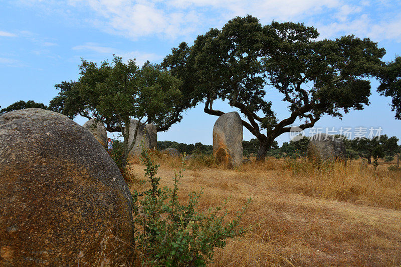 Meio cromlech的Vale de Maria -由30个mehirs排列成椭圆形的巨石建筑群，Évora，葡萄牙阿连特霍